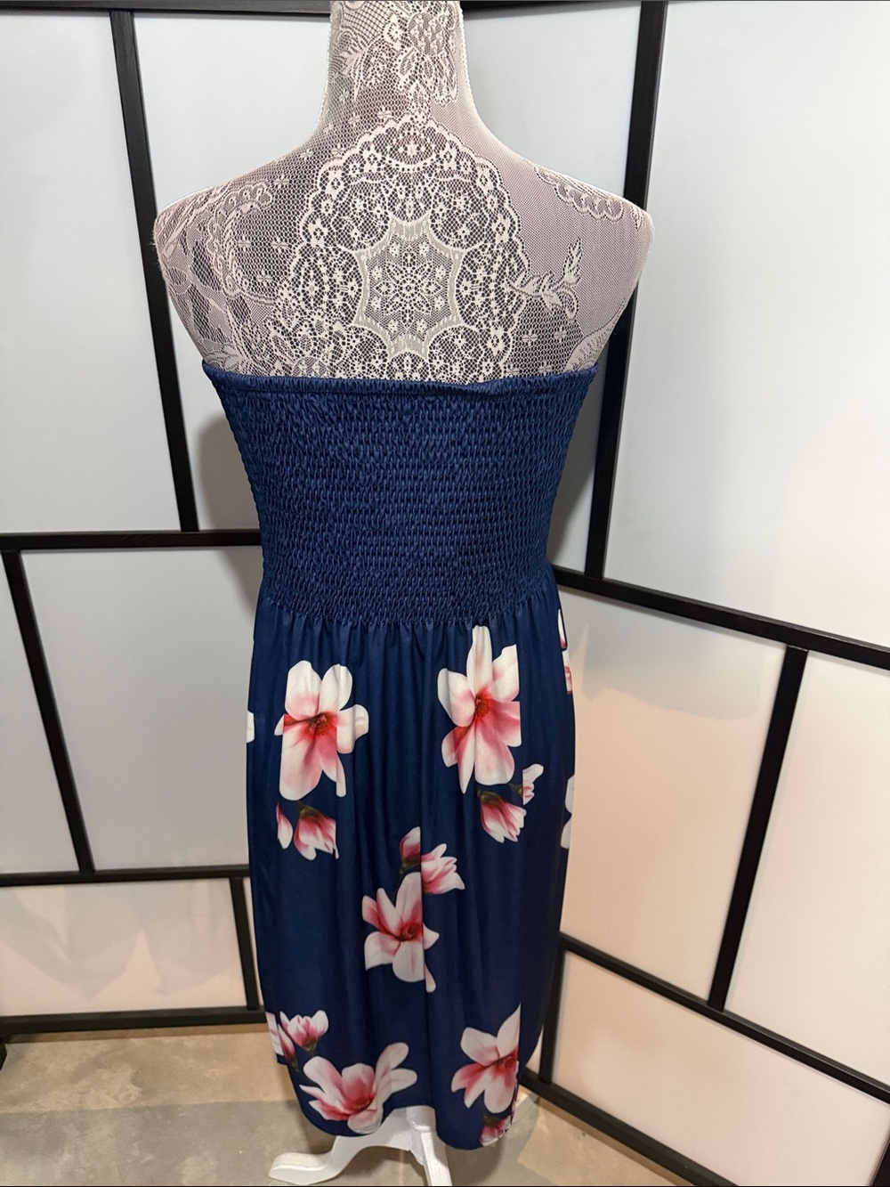 SHEIN Navy Blue Strapless Smocked Floral Mini Dress - Picture 3 of 4